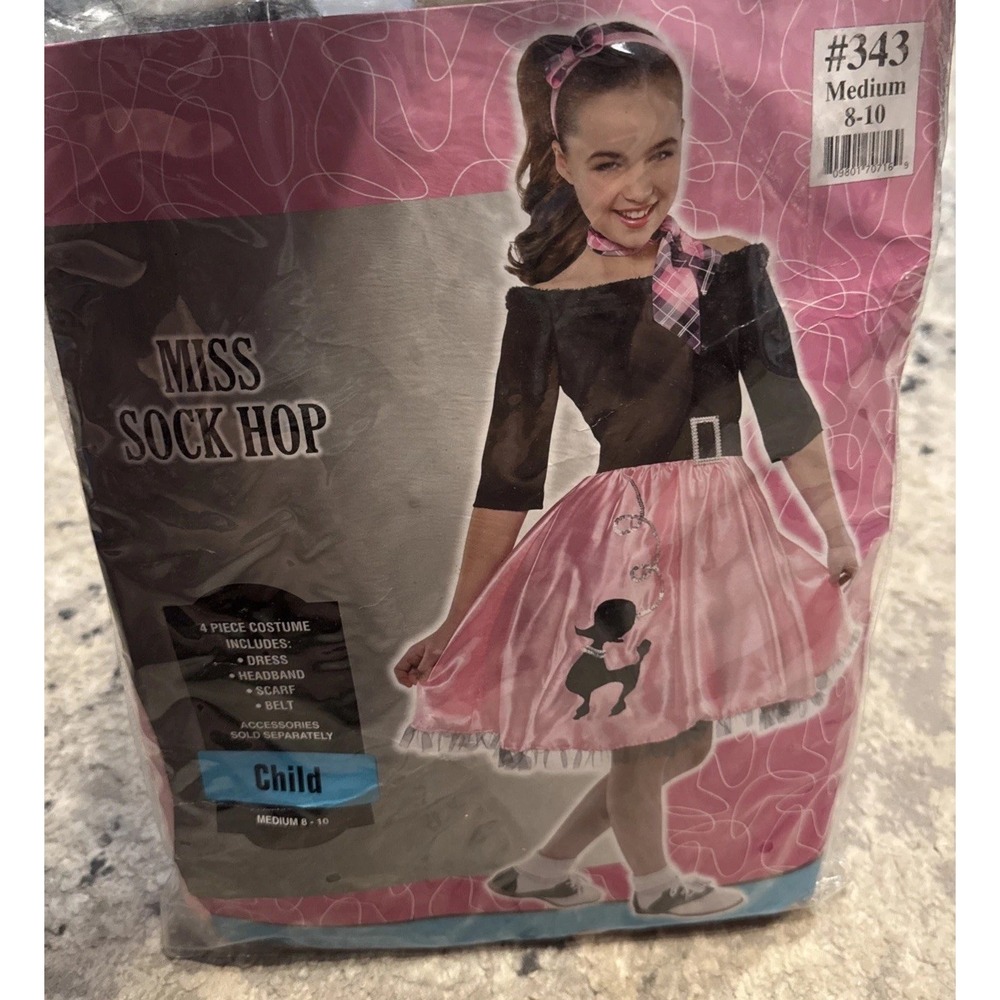 Miss Sock Hop Costume Youth Girls Medium 8-10 Pink Poodle Dress 4 Piece New